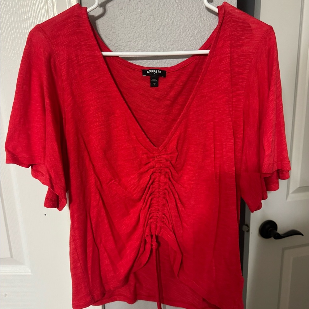 Express Red Ruched V-Neck Short Sleeve Top